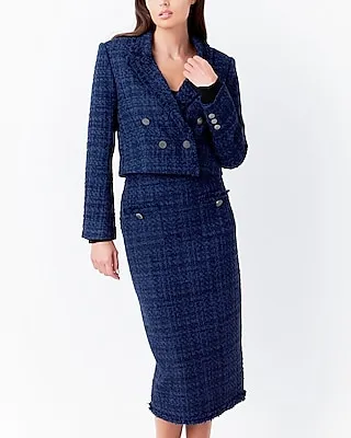 Endless Rose Boucle Tweed Double Breast Cropped Cropped Business Blazer Blue Women's XS