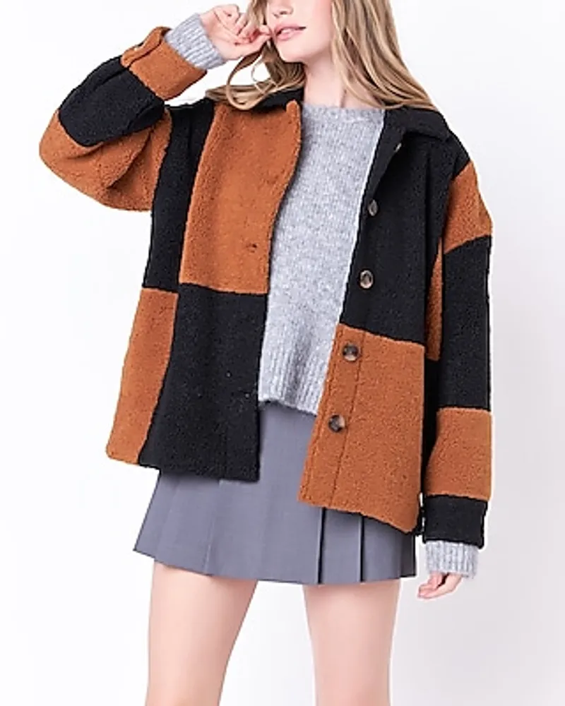 English Factory Oversize Teddy Checker Coats Brown Women's M