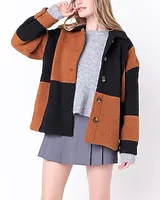 English Factory Oversize Teddy Checker Coats Brown Women's S