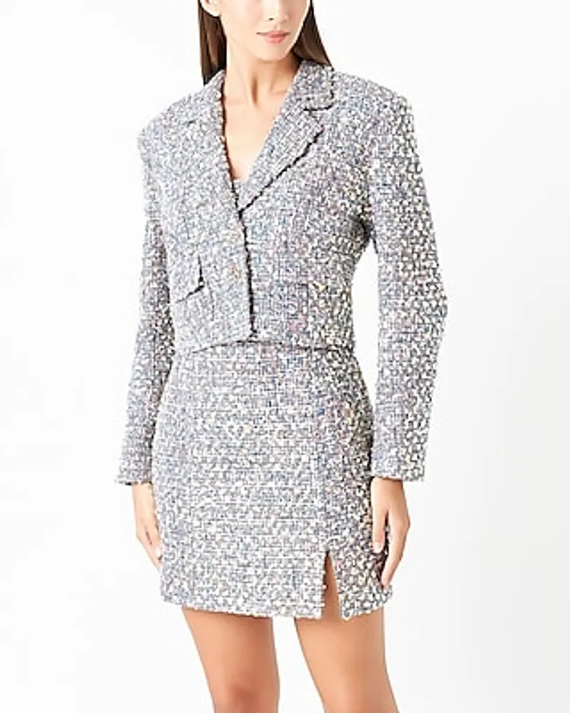 Endless Rose Sequins Tweed Cropped Cropped Business Blazer Gray Women's L