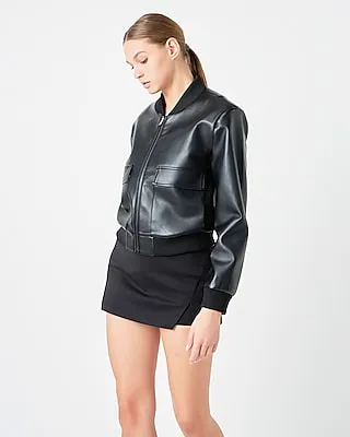 Endless Rose Cropped Faux Leather Bomber Jacket Black Women's M