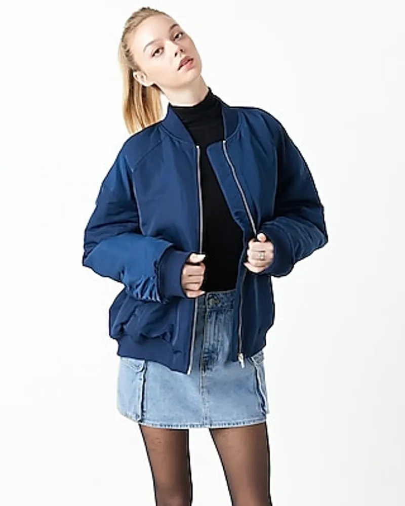 Grey Lab Ruched Oversized Bomber Jacket Blue Women's XS/S