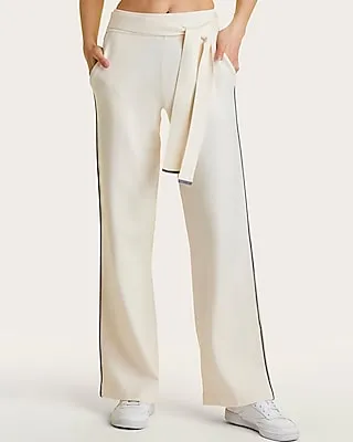 Alala High Waisted Belted Framed Knit Wide Leg Palazzo Pant White Women's S