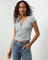 Upwest Crop Henley Cozy Rib Top Gray Women's L