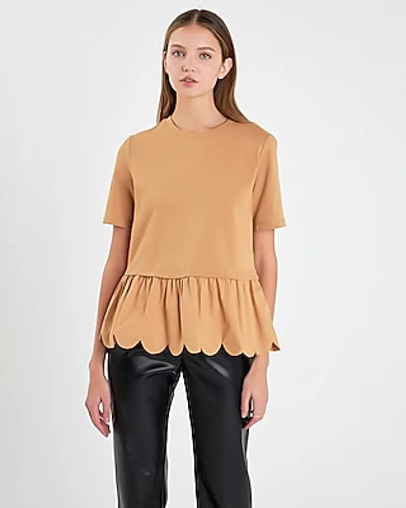 English Factory Mixed Media Scallop Detail Tee Brown Women's M