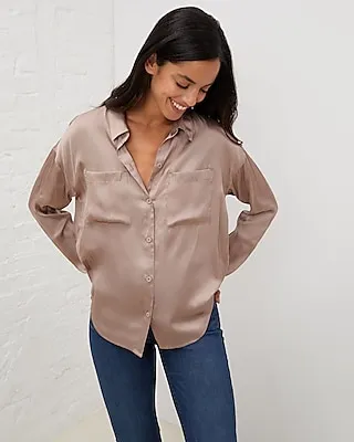 Upwest Crinkle Satin Button Up Shirt Pink Women's L