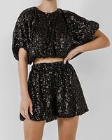 Endless Rose Sequin Crop Puff Sleeve Top Black Women's S