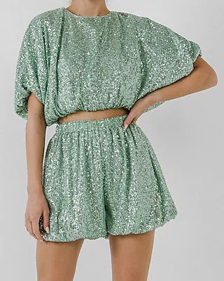 Endless Rose Sequin Crop Puff Sleeve Top Women's