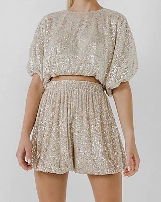 Endless Rose Sequin Crop Puff Sleeve Top White Women's L