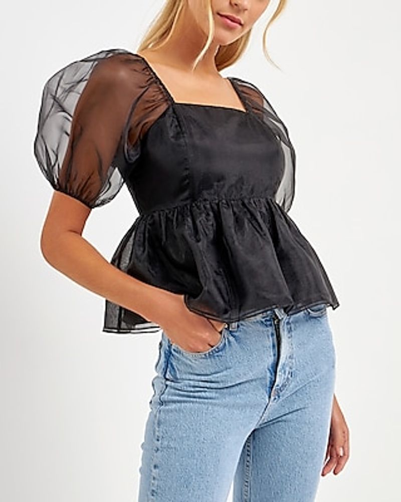 English Factory Solid Organza Baby Doll Top Black Women's