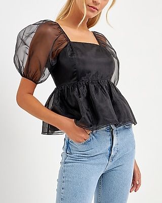 English Factory Solid Organza Baby Doll Top Black Women's M