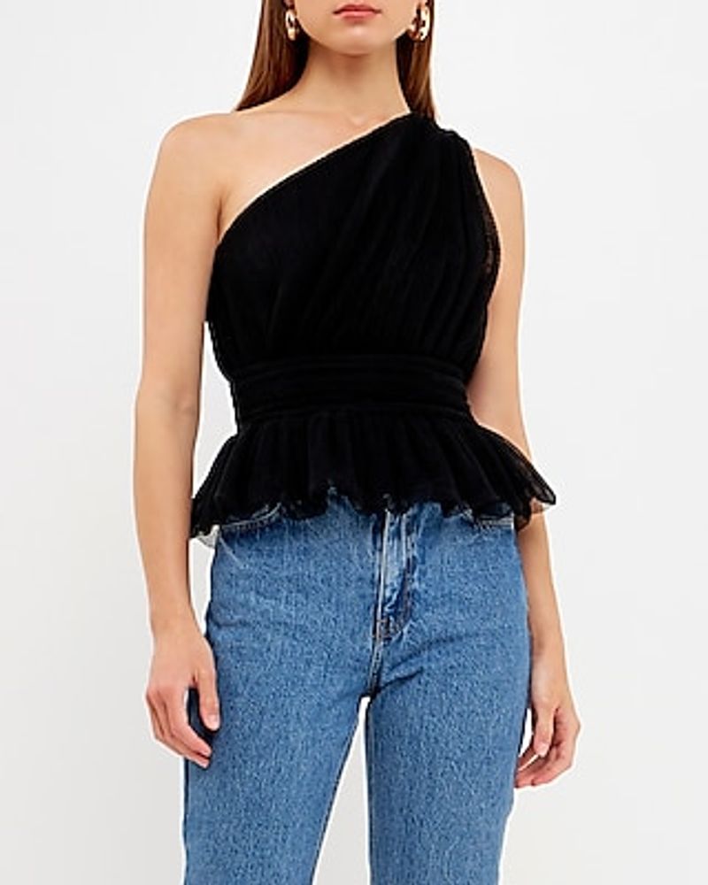 Endless Rose One Shoulder Shirred Tulle Top Black Women's M