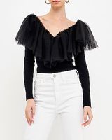 Endless Rose Mesh Pleated Ruffle Top Black Women's