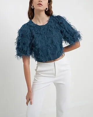 Endless Rose Gridded Mesh Feathered Crop Top Blue Women's S