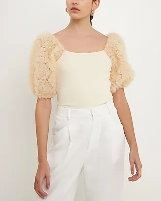 Endless Rose Tulle Puff Sleeve With Knit Top White Women's S