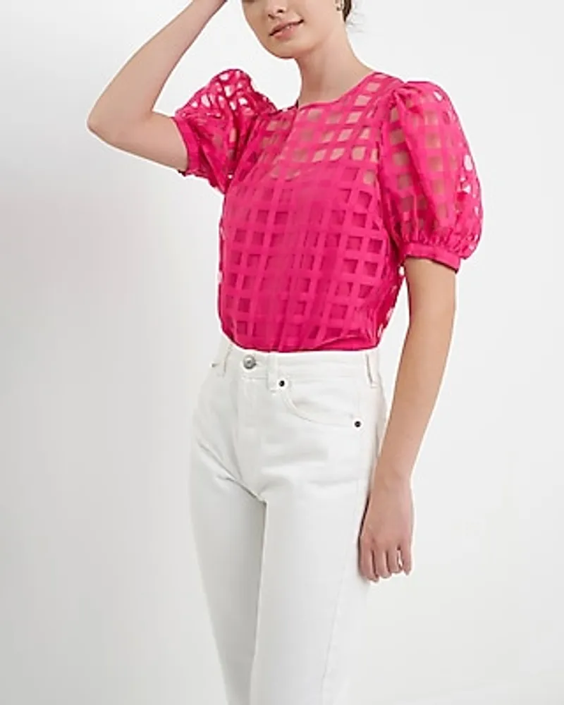 English Factory Plaid See Through Puff Sleeve Top Pink Women's L