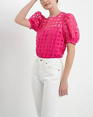 English Factory Plaid See Through Puff Sleeve Top Women's