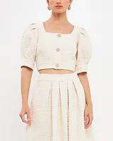 Endless Rose Tweed Puff Sleeve Crop Top White Women's L