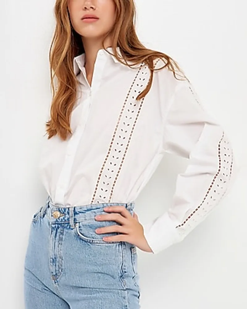 English Factory Embroidery Detail Button Up Shirt White Women's XS