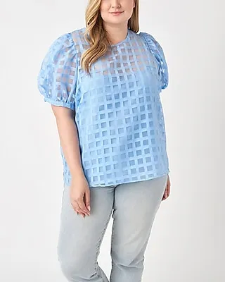English Factory Plus Size Plaid See Through Puff Sleeve Top Blue Women's 3X