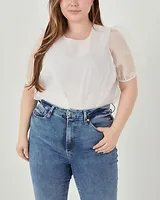 English Factory Plus Size Organza Puff Sleeve Top White Women's 1X