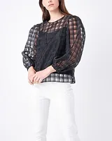 English Factory Plaid Organza Long Sleeve Top Black Women's L