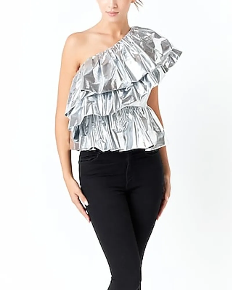 Endless Rose One Shoulder Metallic Tiered Top Silver Women's L