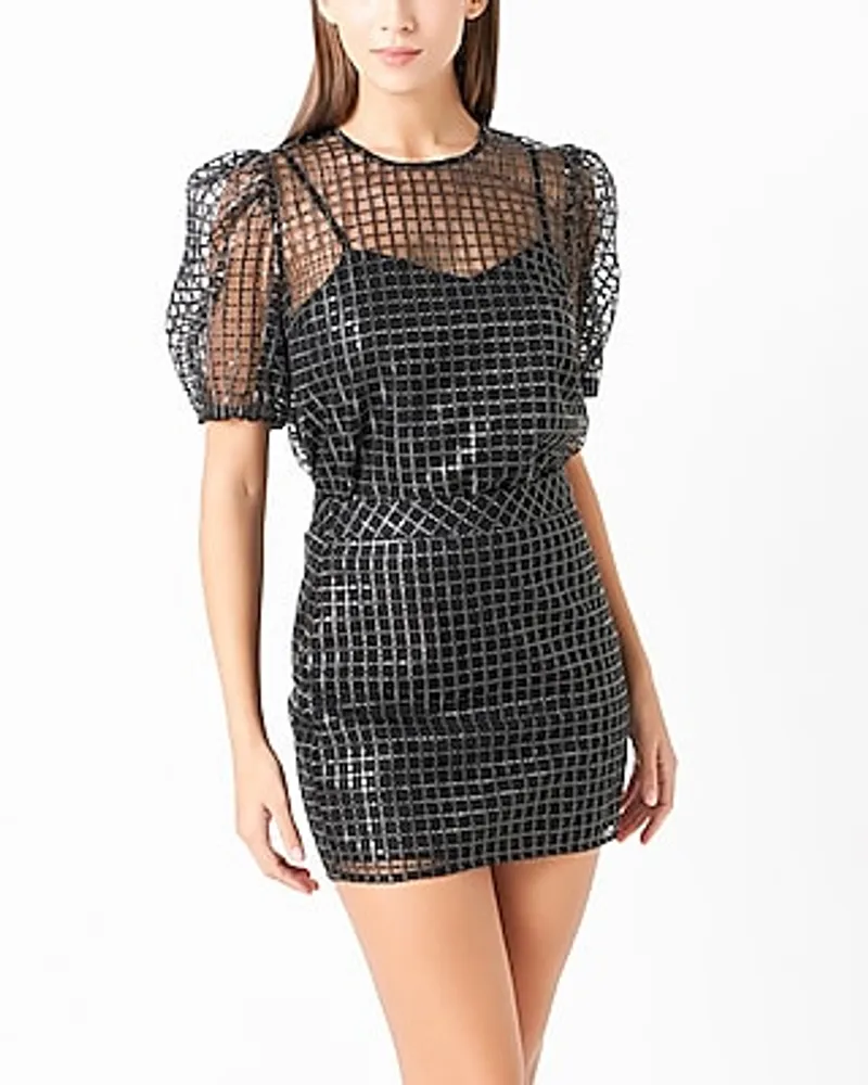 Endless Rose Sequins Mesh Grid Top Black Women's