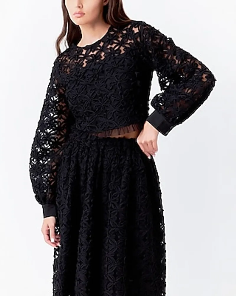 Express Endless Rose Floral Lace Long Sleeve Crop Top Black Women's XS