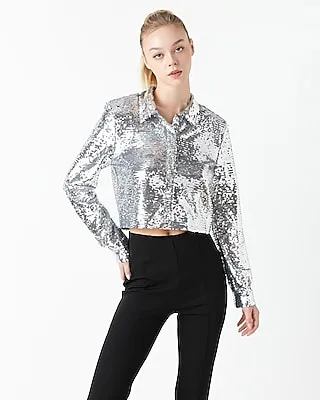 Grey Lab Sequins Cropped Shirt Silver Women's S