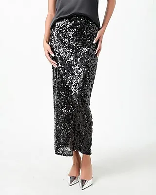 Grey Lab High Waisted Sequin Back Slit Maxi Skirt Black Women's S