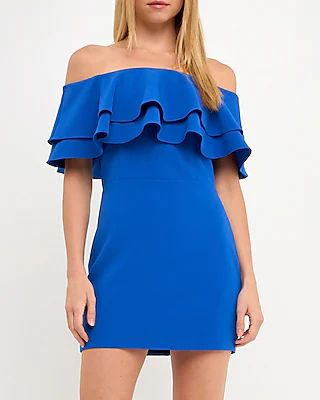 Endless Rose Ruffle Off The Shoulder Mini Dress Blue Women's L
