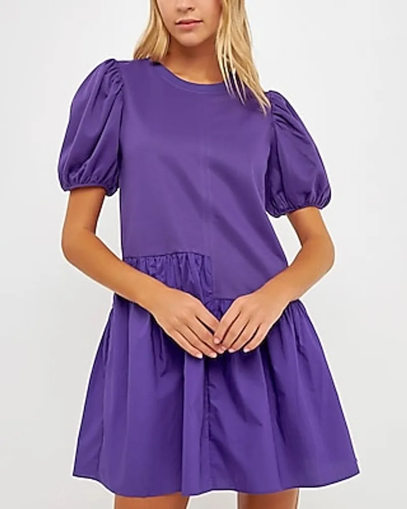 English Factory Puff Sleeve Ruffle Mini Dress Purple Women's L