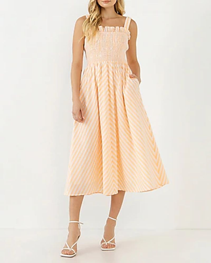 Casual English Factory Striped Smocked Midi Dress Orange Women's L