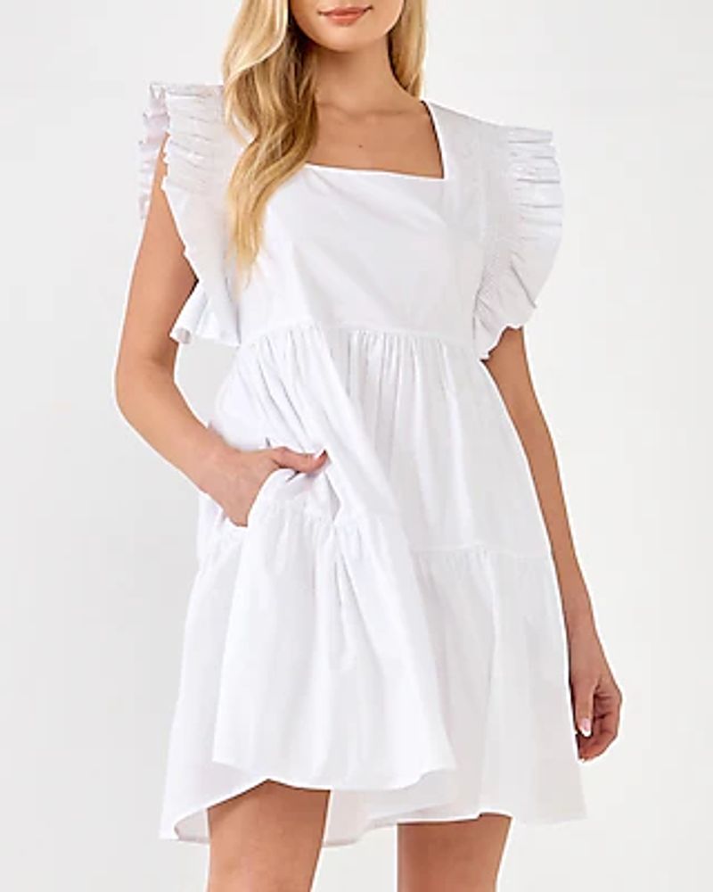 Casual English Factory Ruffled Smocked Mini Dress White Women's S