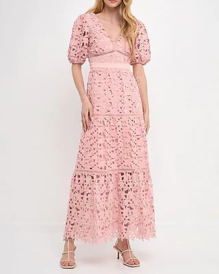 Cocktail & Party Endless Rose Puff Sleeves Lace Tiered Maxi Dress Pink Women's XS