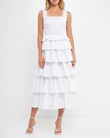 Versatile English Factory Smocked Bust Multi Ruffled Midi Dress White Women's L