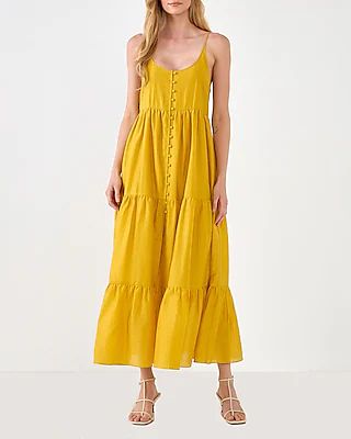 Casual Endless Rose Button Detail Tiered Maxi Dress Yellow Women's S