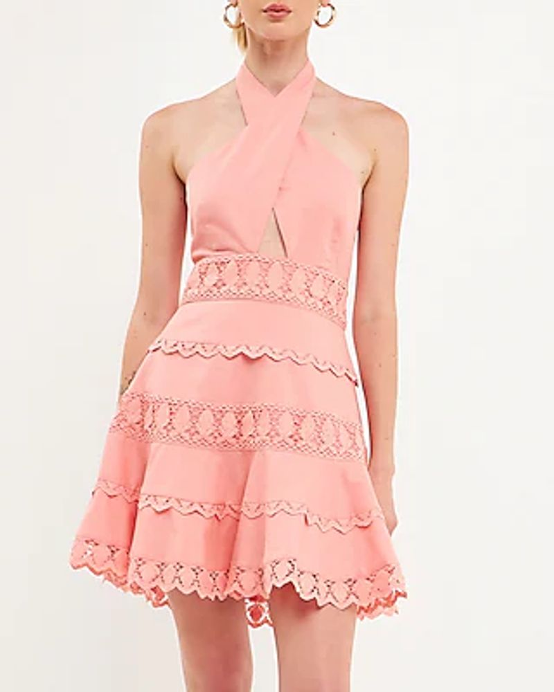 Express Cocktail & Party Endless Rose Halter Neck Lace Trim Mini Dress Pink  Women's S