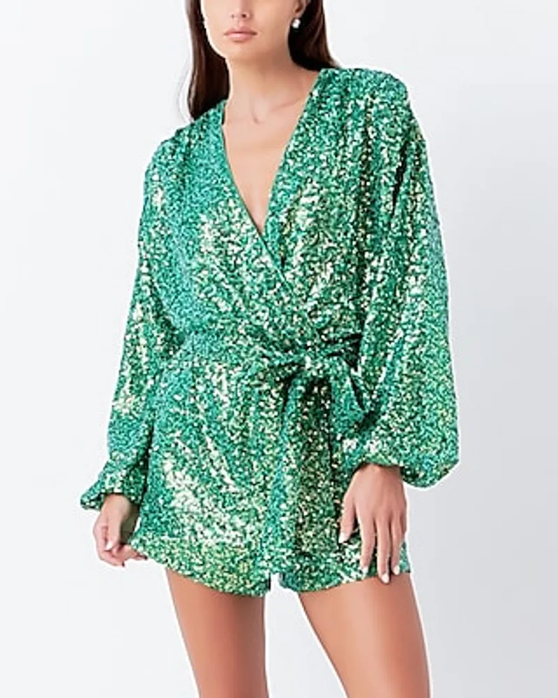 Cocktail & Party Endless Rose Sequins Belted Wrapped Romper Green Women's