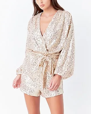 Cocktail & Party Endless Rose Sequins Belted Wrapped Romper Gold Women's