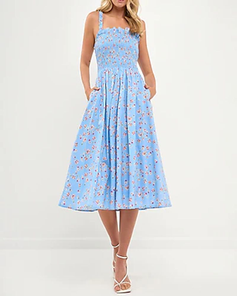 Casual English Factory Floral Print Smocked Dress Blue Women's S