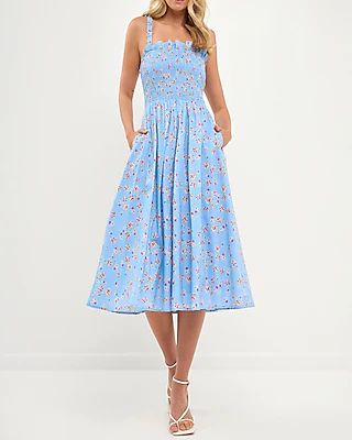 Casual English Factory Floral Print Smocked Dress Blue Women