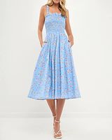 Casual English Factory Floral Print Smocked Dress Blue Women's S