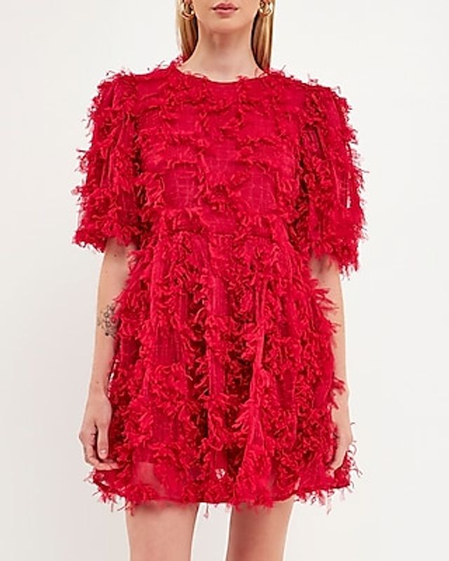 endless rose gridded mesh feathered puff sleeve mini dress ENDLESS ROSE SIZE S FEATHERED MESH PUFF SLEEVE MINI DRESS, RED