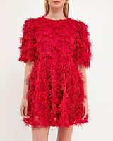 Cocktail & Party Endless Rose Gridded Mesh Feathered Puff Sleeve Mini Dress Women's S