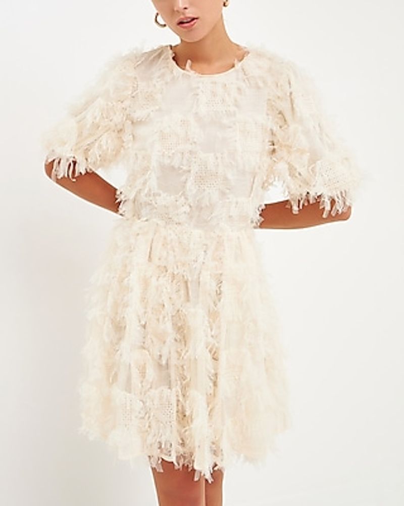 Cocktail & Party Endless Rose Gridded Mesh Feathered Puff Sleeve Mini Dress White Women's