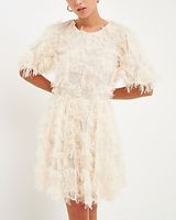 Cocktail & Party Endless Rose Gridded Mesh Feathered Puff Sleeve Mini Dress White Women's S