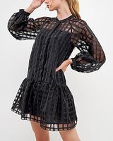 Cocktail & Party English Factory Check Organza Buttoned Long Sleeve Mini Dress