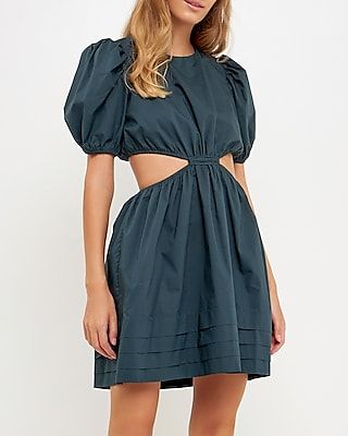 Casual English Factory Pleated Cut Out Mini Dress Blue Women's